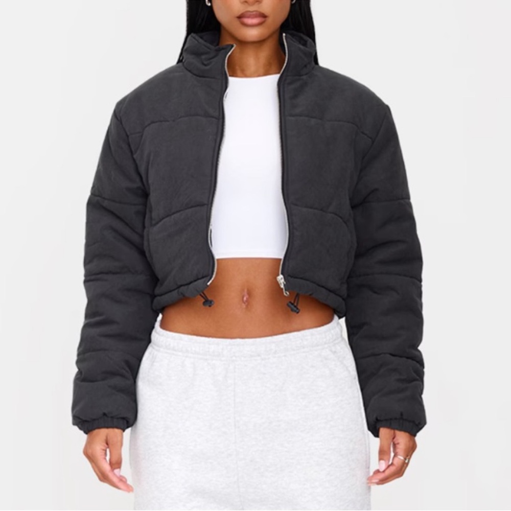 Pretty Little Thing BLACK SUPER CROPPED PEACH SKIN PUFFER Size US 6 New with Tag